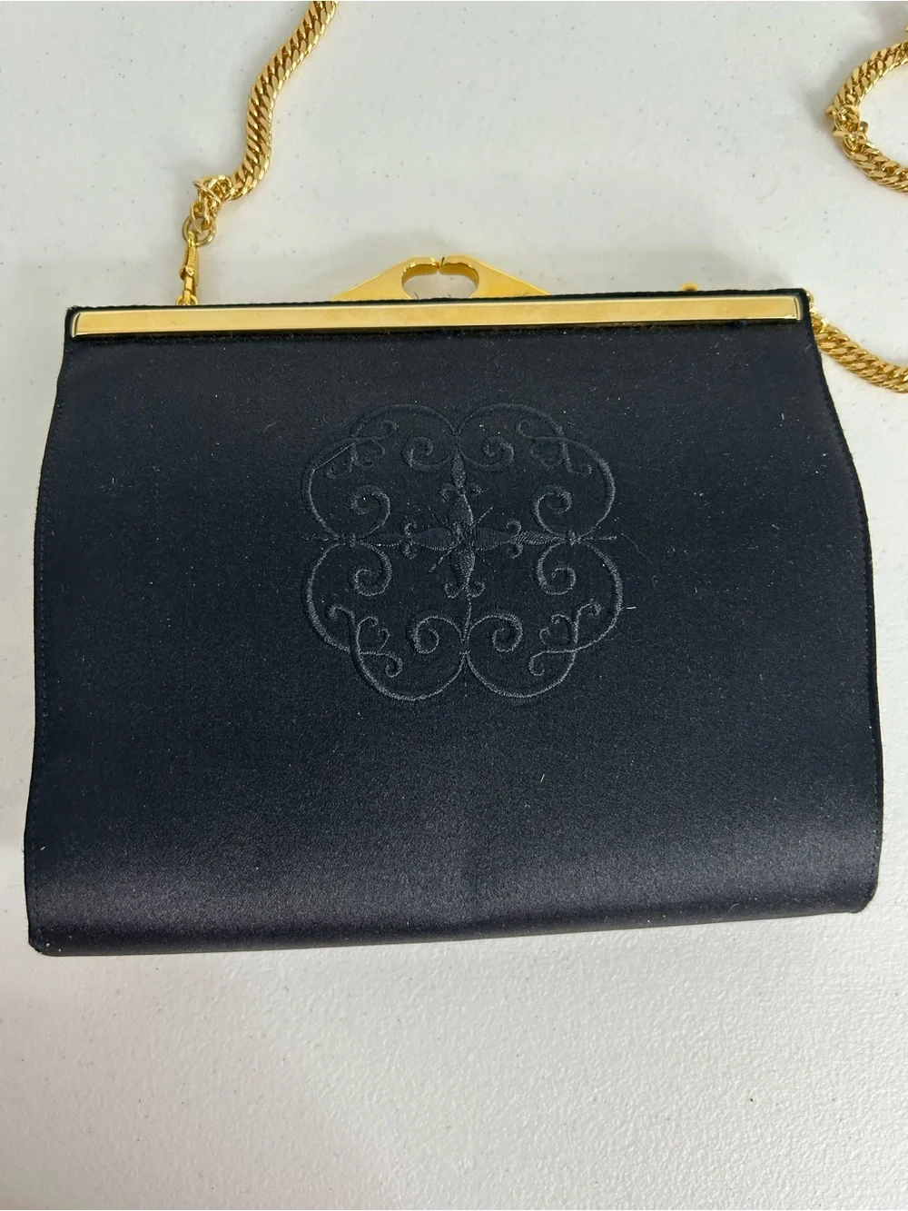 Bally Vintage Black Satin Evening Bag Gold Chain Kiss Lock Clutch Made in Italy
